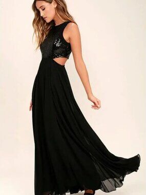 Lulu’s Nothin But Love Black Sequin Halter Maxi Gown with Cutouts XS
